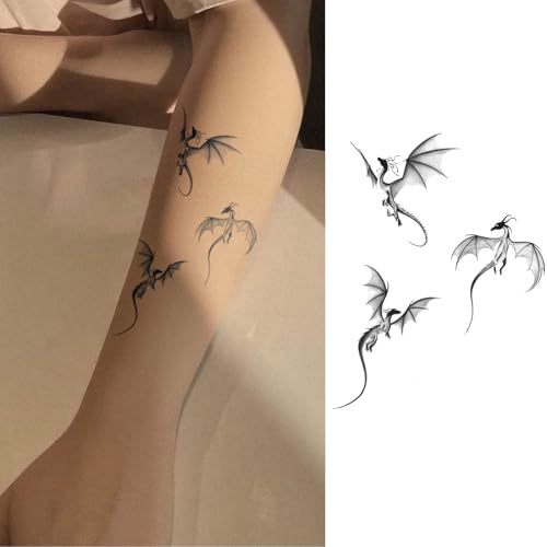 Winged Dragon Fine Line Semi Permanent Tattoo - Flying Mythical Design