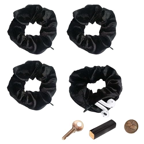 Black Velvet Scrunchies with Zipper Pocket - 4 Pack Travel Essentials