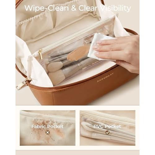 BAGSMART Makeup Bag Travel Cosmetic Bag, Large Make Up Bag Flat Open Toiletry Bag for Women, PU Leather Travel Essentials Organizer Case, Wide-open Pouch Purse for Skincare, Brushes, Classic Brown
