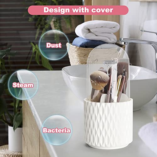 White Makeup Brush Holder Organizer with Lid - 360° Rotating Dustproof