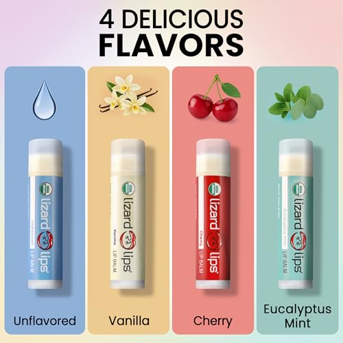 LizardLips Lip Balm Set of 4 – Vanilla, Cherry, Eucalyptus Mint & Unflavored USDA Organic