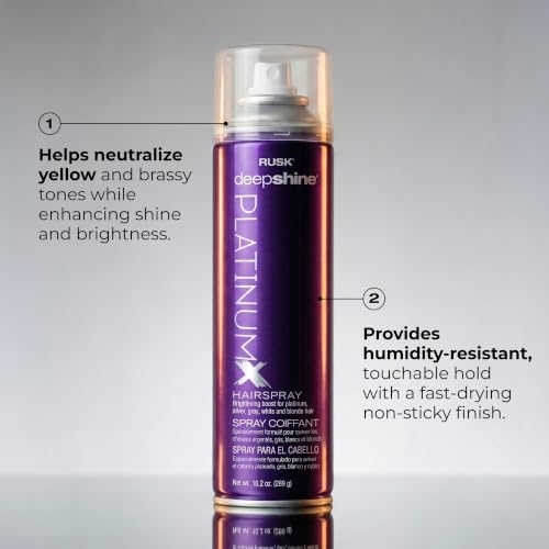 RUSK Deepshine PlatinumX Hairspray - Fast-Drying, Frizz Control, Violet Toning for Blonde & Silver Hair, 10.2 oz