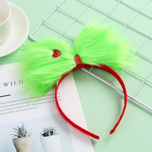 Green Furry Hair Bow Headband for Women - Large Christmas Hair Accessory