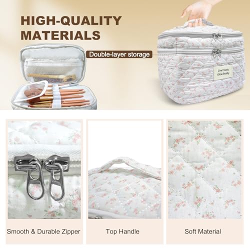 ZERFLUMP 3Pcs Travel Quilted Makeup Bag Set Pink Floral - Double Layer Cosmetic Organizer for Women