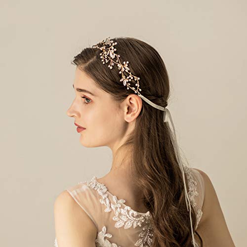 Oriamour Gold Bridal Hair Vine with Floral Pearl Design for Wedding