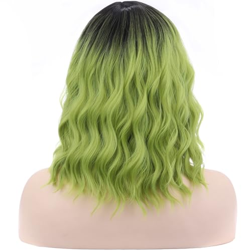 14" Curly Bob Wig - Black Ombre Green - Heat Resistant Synthetic Hair