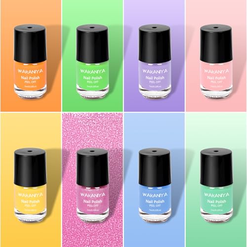 Wakaniya Kids Non-Toxic Quick Dry Peel-Off Nail Polish Kit 8 Colors with Gems & Stickers - Variation A