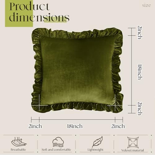 Olive Green Velvet Throw Pillow Covers, 18x18 Inch Set of 2