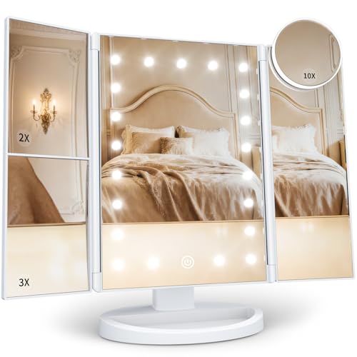 HUONUL Makeup Mirror, Vanity Mirror with Lights, 2X/3X/10X Magnification, Touch Control, Trifold, Dual Power Supply, Birthday Gifts for Women, Wife, Mom, Girls,Dorm Room Essentials