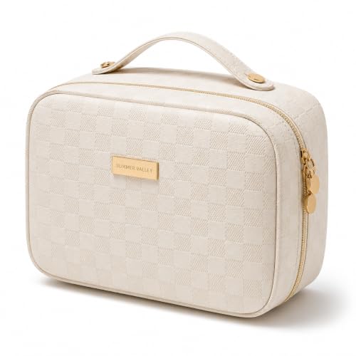 Checkered Travel Makeup Bag - Large Cosmetic Organizer with Brush Holder