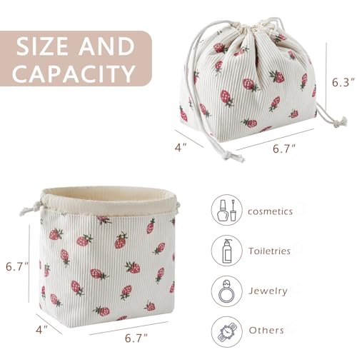Cute Soft Corduroy Drawstring Makeup Bag - 06 Strawberry Pattern