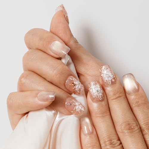Warm Glossy Dream Press On Nails - Short Coffin Nude Glitter with White Flower Design