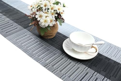 SHACOS Woven Vinyl Table Runner 12x90 Inch - Ombre Black & Gray