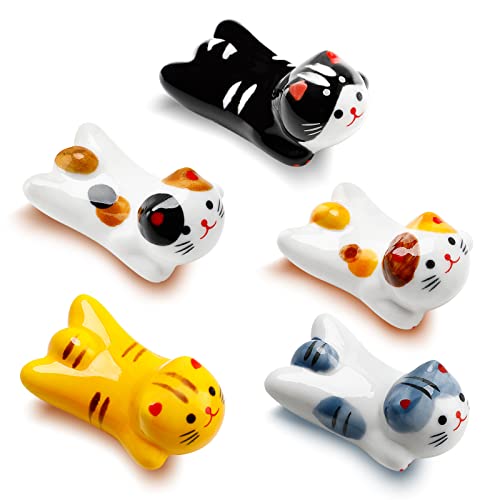 Cute Ceramic Cat Chopstick Holder Set - 5 Pack Japanese Style
