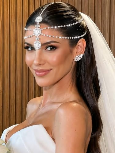 Silver Rhinestone Indian Head Chain for Women Bridal Forehead Jewelry Wedding Accessory