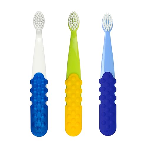 RADIUS Children's Toothbrush Totz Plus Pack of 3 – Extra Soft, BPA-Free, ADA Accepted, Blue/White/Greenyellow