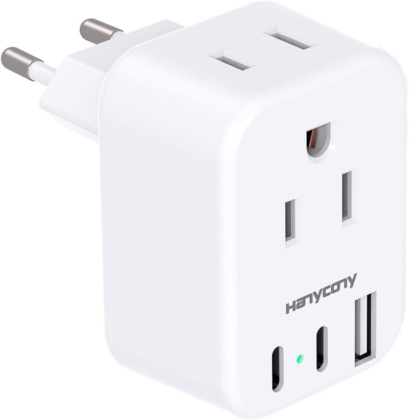 Travel Plug Adapter - USB C International Converter for Europe | 2 Outlets & 3 USB Ports for Italy, Spain, France, Germany