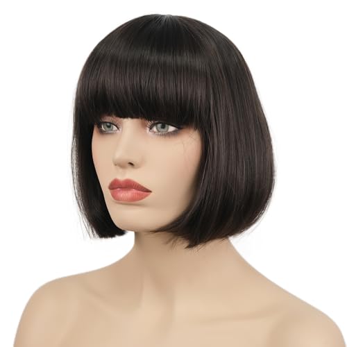 Lydell 8" Short Bob Wig with Flat Bangs - Heat Resistant Synthetic Hair