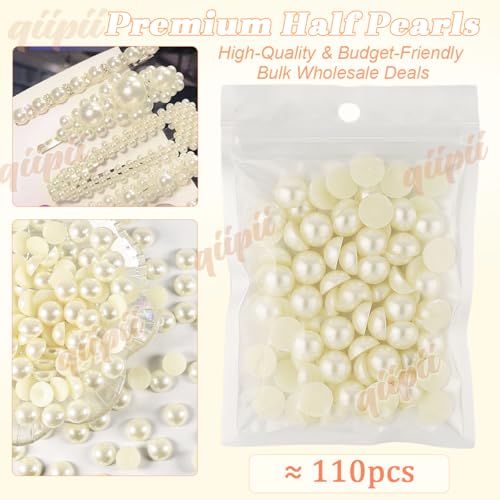 qiipii 110pcs 12mm Beige White Half Pearl Beads for Nail Art Crafts and DIY Jewelry - Bulk