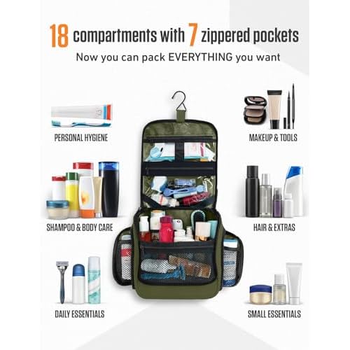 VENTURE 4TH Hanging Travel Toiletry Bag for Women & Men ? Large Toiletry Organizer with 18 Compartments, Removable TSA Pouch, Travel Wash Bag for Toiletries, Makeup & Shaving Kit (Forest Green)