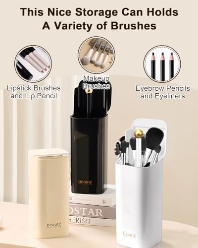 Automatic Lifting Makeup Brush Organizer with Lid - White Gold