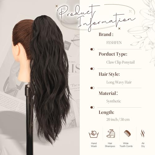 FESHFEN 20-Inch Wavy Claw Clip-in Ponytail Extension - Dark Brown