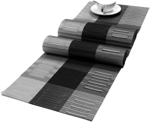 SHACOS Woven Vinyl Table Runner 12x90 Inch - Ombre Black & Gray