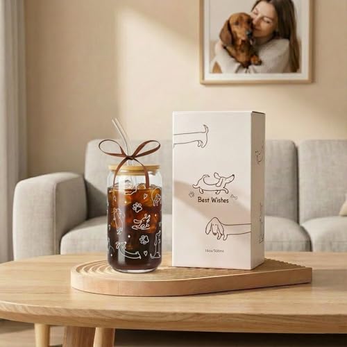 Dachshund Glass Tumbler with Lid & Straw - 16oz Coffee Cup Gift