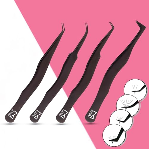 M Lash Black Eyelash Tweezers Set of 4 with Fiber Tips