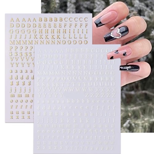 3D Metallic Gold & Silver Alphabet Nail Art Stickers - 8 Sheets