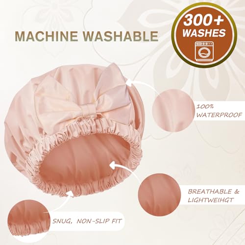 TUVATU Waterproof Shower Cap for Women with Cute Bow, Reusable Hair Cap