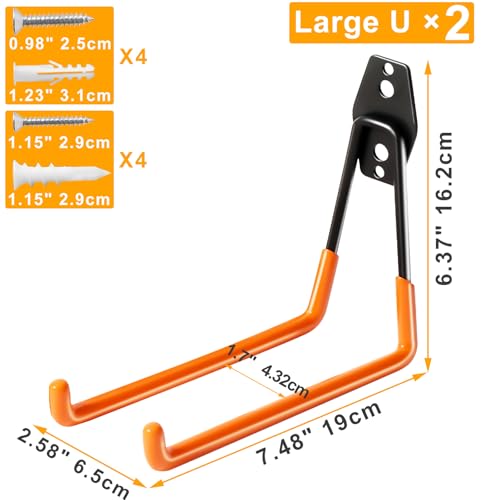 Heavy Duty Garage Hooks - 2 Pack Metal Wall Mount Storage Hooks for Tools & Ladders