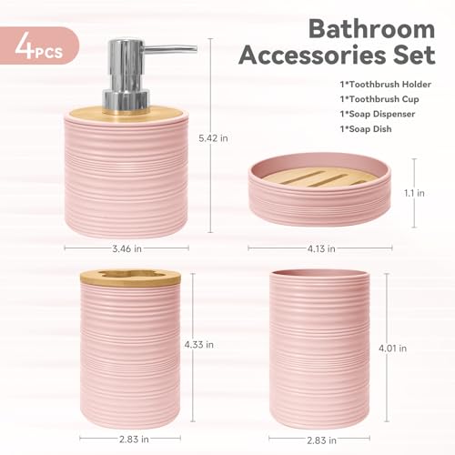 Pink Bamboo Bathroom Accessory Set - 4 Pieces Includes Soap Dispenser, Toothbrush Holder, Soap Dish, Cup