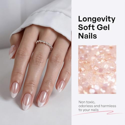 Short Almond Press On Nails - Soft Gel Glazed Donut Pink Chrome Kit