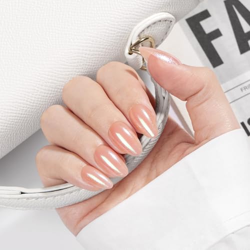 VSALON Short Almond Press On Nails E1-Luster Nude Pink Pearl Chrome