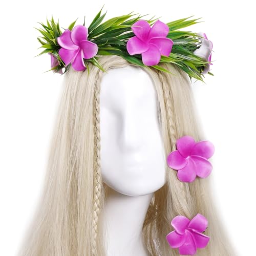 KorViSHOW Hawaiian Flower Crown Headband 3Pcs Pink A, Floral Hair Accessory Set