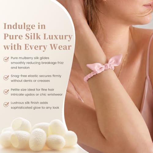 THXSILK 100% Pure Mulberry Silk Hair Scrunchies with Bow - 3 Pcs in Champagne, Grey, Charming Pink