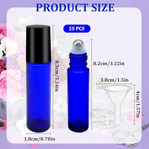 25 Pcs Blue Essential Oil Roller Bottles 10ml Glass with Funnels