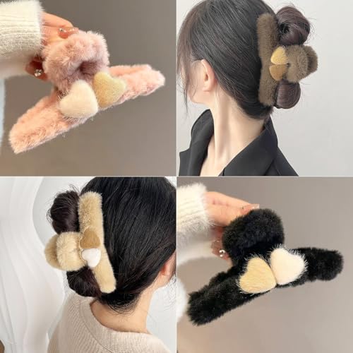 Rannyrena Heart Fuzzy Plush Hair Claw Clips Set of 5 for Women, Strong Grip & Non-slip