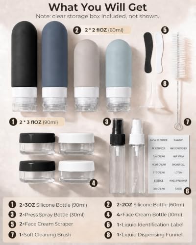 Tonater 17 Pack Travel Bottles Set TSA Approved Leak-Proof Silicone Toiletry Containers with Labels – Black, White, Green, Dark Blue, Khaki