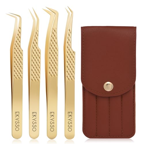 Gold Lash Tweezers Set - 4 Pack Precision Eyelash Extension Tools