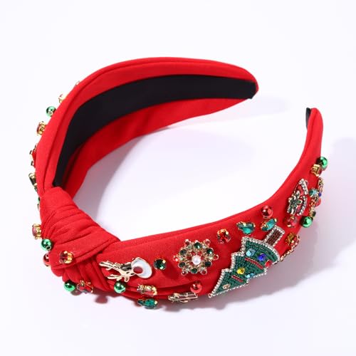 NVENF Plaid Christmas Headband with Pearls and Crystals - Wide Knot