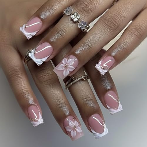 Short Square Press On Nails with 3D Floral Design - 24 Pcs
