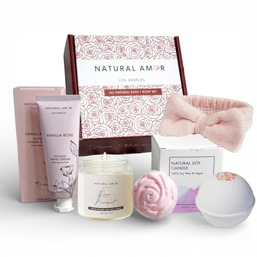 Natural Amor Rose Spa Gift Set for Women - 5-Piece Self Care Bath Box