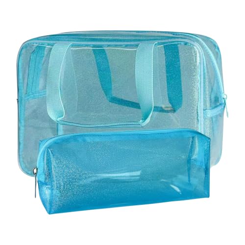 TotePrint Blue Waterproof Iridescent Travel Toiletry Bag for Men & Women - 11.81x5.12x8.27in, Portable Cosmetic Organizer with Handle