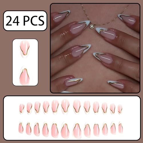 White French Tip Almond Press-On Nails with Gold Wave Designs - 24pcs