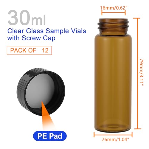 Kesell 30ml Amber Glass Vials with Labels - 12-Pack Leak-Proof