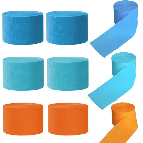 Blue and Orange Crepe Paper Streamers - 6 Rolls for Party Decor
