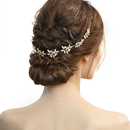 BABEYOND Gold Bridal Headpiece Handmade Wedding Hair Vine with Crystals & Lace Ribbon