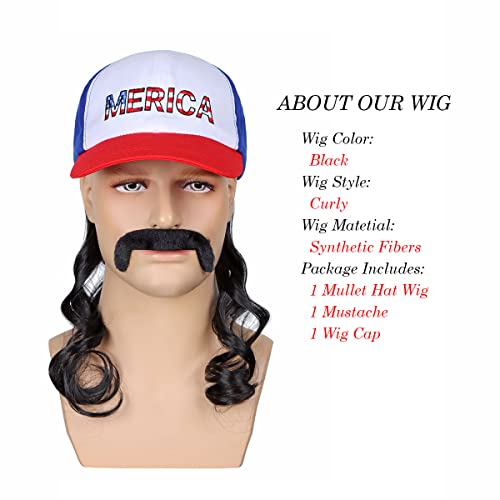 Red White Blue Mullet Wig with Mustache Hat for Men - 4th of July